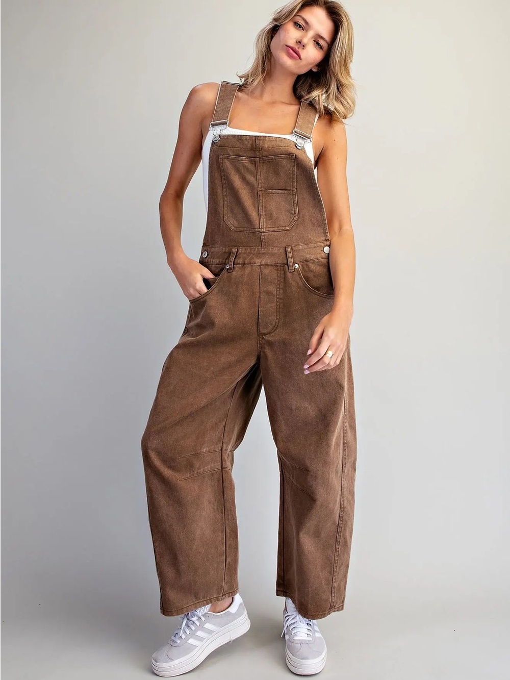 Washed Brown Eesome Barrel Horseshoe Jumpsuit Overalls - Picture 7 of 9